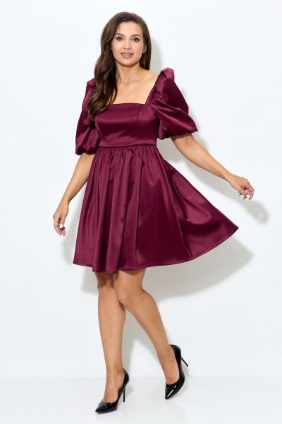 Платье из атласа с короткими рукавами и ремнем Abbi 1007 спелая_вишня - фото 1