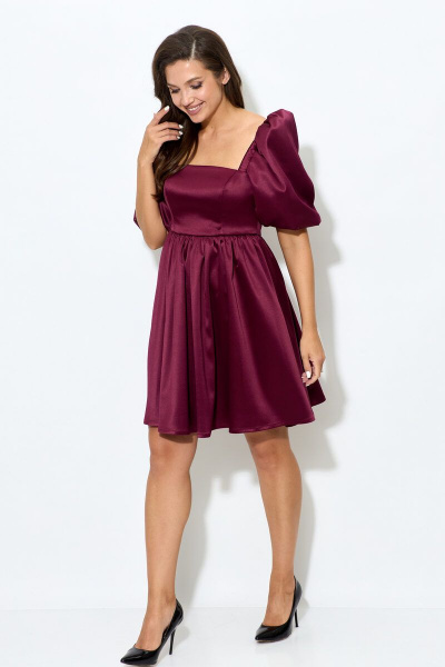 Платье из атласа с короткими рукавами и ремнем Abbi 1007 спелая_вишня - фото 4