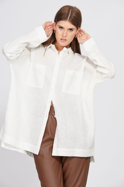 Белая оверсайз блузка из льна с накладными карманами EOLA 2489 молочный - фото 7
