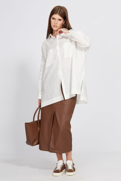 Белая оверсайз блузка из льна с накладными карманами EOLA 2489 молочный - фото 3