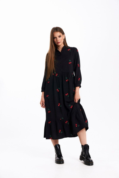 Платье KaVaRi 1048 черный_принт_вишня - фото 1