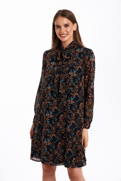 Элегантное шифоновое платье с воротником-стойкой и батистовой отделкой KaVaRi 1059 черный_принт - фото 4