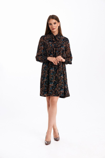 Элегантное шифоновое платье с воротником-стойкой и батистовой отделкой KaVaRi 1059 черный_принт - фото 3