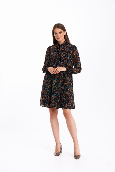 Элегантное шифоновое платье с воротником-стойкой и батистовой отделкой KaVaRi 1059 черный_принт - фото 2