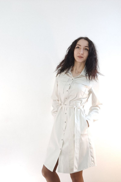 Платье-рубашка повседневное с карманами и поясом Lady Smile 101 молочный - фото 2