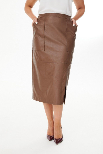 Юбка из экокожи с горизонтальным рельефом и разрезом MALI 223-050 коричневый - фото 5