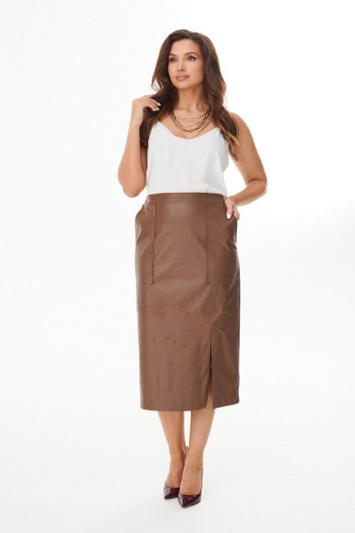 Юбка из экокожи с горизонтальным рельефом и разрезом MALI 223-050 коричневый - фото 1