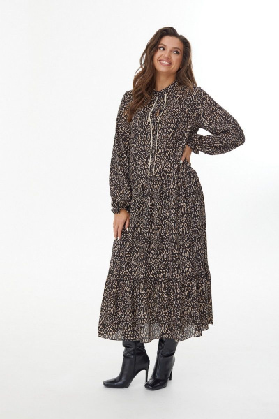Платье свободного силуэта с кружевной отделкой и воланами MALI 423-067 черно-бежевый - фото 8