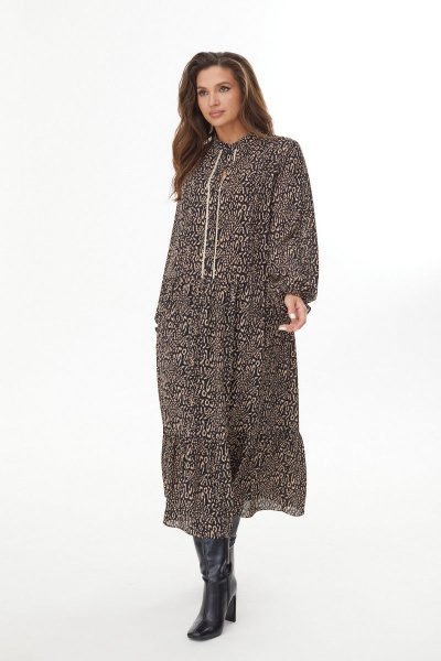 Платье свободного силуэта с кружевной отделкой и воланами MALI 423-067 черно-бежевый - фото 7