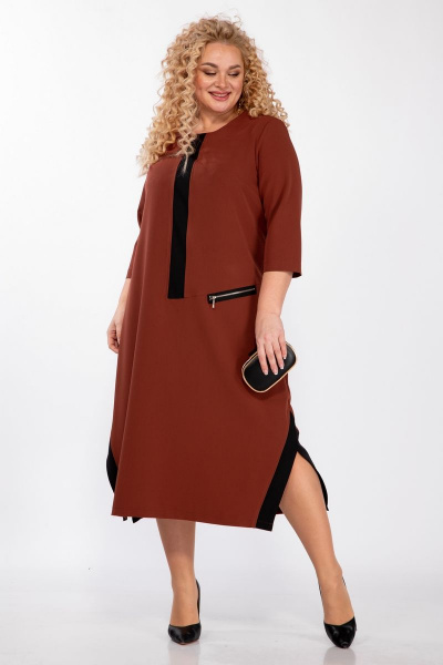 Демисезонное платье из текстиля с принтом и разрезами Michel chic 2073 кирпичный - фото 1