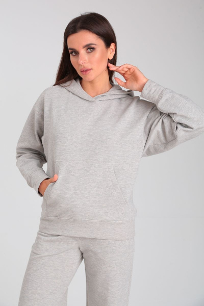 Костюм из хлопкового футера с худи и клешенными брюками HIT 3099 серый-блеск - фото 2