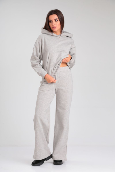 Костюм из хлопкового футера с худи и клешенными брюками HIT 3099 серый-блеск - фото 5