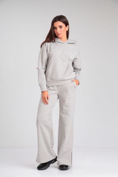 Костюм из хлопкового футера с худи и клешенными брюками HIT 3099 серый-блеск - фото 3
