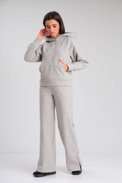 Костюм из хлопкового футера с худи и клешенными брюками HIT 3099 серый-блеск - фото 1