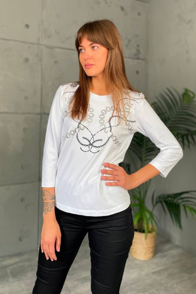 Джемпер прилегающий из трикотажа с принтом и 7/8 рукавом Rumoda 2138 белый - фото 3