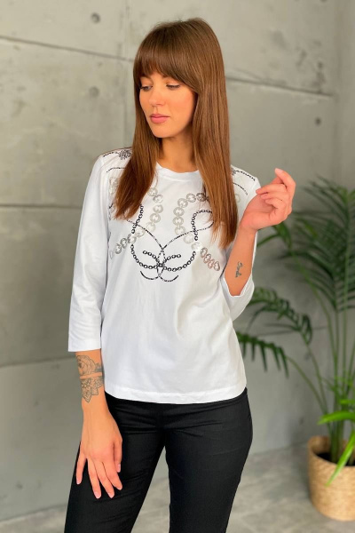 Джемпер прилегающий из трикотажа с принтом и 7/8 рукавом Rumoda 2138 белый - фото 1