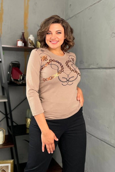 Джемпер прилегающий из трикотажа с принтом и 7/8 рукавом Rumoda 2138 капучино - фото 7