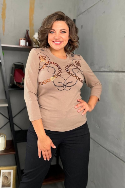 Джемпер прилегающий из трикотажа с принтом и 7/8 рукавом Rumoda 2138 капучино - фото 2