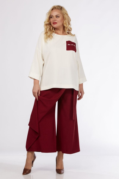Блуза и брюки-кюлоты свободного кроя на запах Michel chic 1349 молочный-бордовый - фото 1