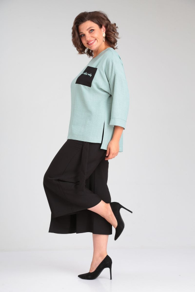 Комплект из брюками-кюлоты и свободной блузой Michel chic 1349 мятный-черный - фото 6