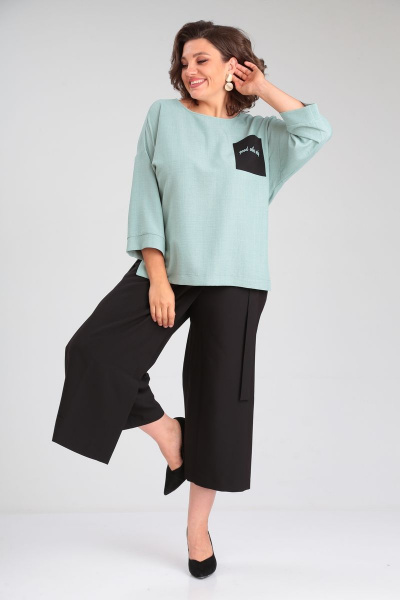 Комплект из брюками-кюлоты и свободной блузой Michel chic 1349 мятный-черный - фото 3