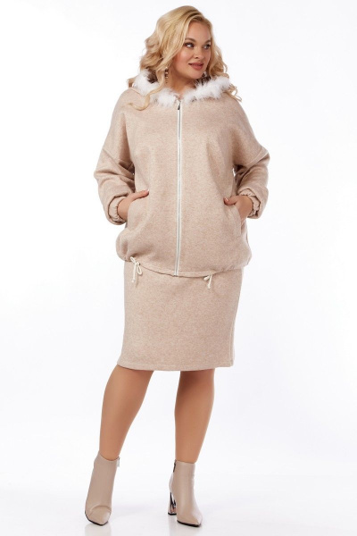 Демисезонный трикотажный костюм кардиган и юбка с разрезом Belinga 2276 песок - фото 1