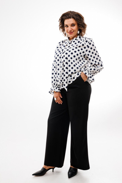 Блуза в горох из мягкой вискозы с объемом и бантом Anelli 1323 белый/черный_горох - фото 4
