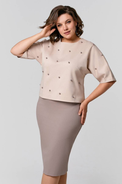 Бежевый костюм с юбкой и джемпером из трикотажа IVA 1511 бежевый - фото 3