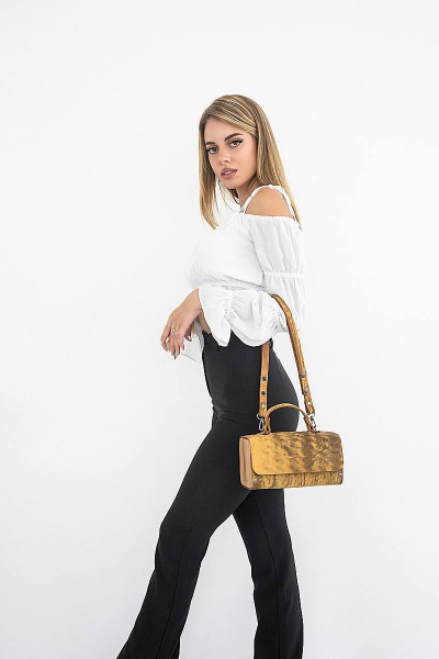 Желтая кожаная сумка с натуральными вставками и регулятором Because KVADRO VINTAGE_DYNA - фото 8