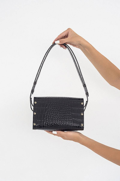 Черная кожаная сумка тарелка с деревянными вставками Because MISHEL BLACK_CROCO - фото 4
