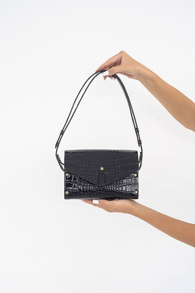Черная кожаная сумка тарелка с деревянными вставками Because MISHEL BLACK_CROCO - фото 2