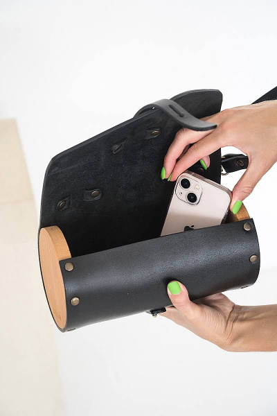 Кожаная сумка через плечо из натуральной кожи и дерева, 22х11х11 см Because TUB BLACK - фото 2