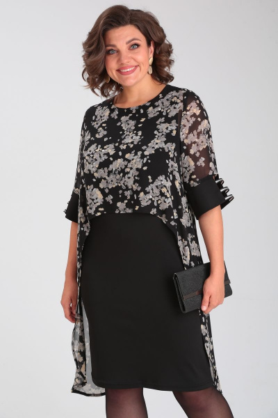 Платье нарядное двухслойное с блестящей лентой на рукаве Michel chic 2136 черная-абстракция - фото 2