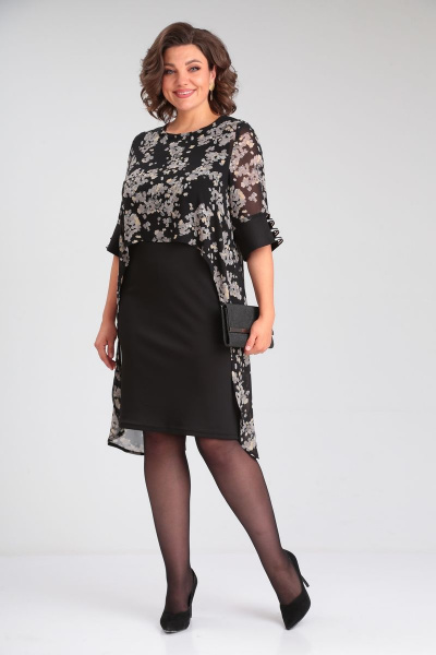 Платье нарядное двухслойное с блестящей лентой на рукаве Michel chic 2136 черная-абстракция - фото 4