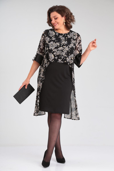 Платье нарядное двухслойное с блестящей лентой на рукаве Michel chic 2136 черная-абстракция - фото 3