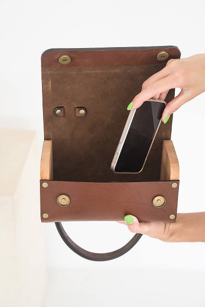 Кожаная сумка через плечо из натуральной кожи и дерева, 22х12х12 см Because KVADRO BROWN - фото 4
