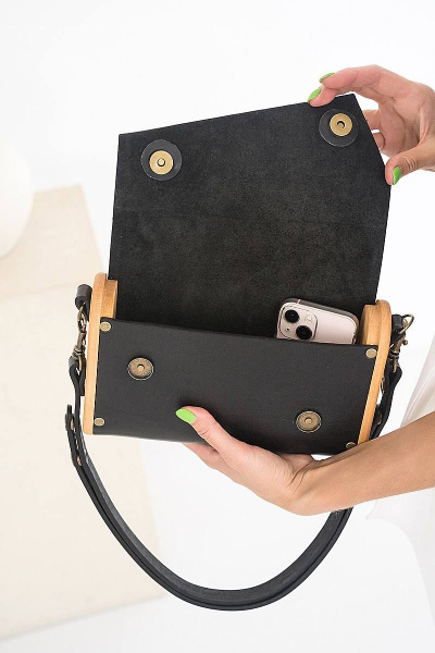 Сумка женская ВИОЛА из натуральной кожи с деревом Because VIOLA BLACK - фото 6