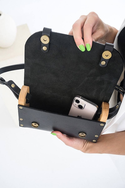 Сумка АЭЛИТА из натуральной кожи с деревом, универсальный стиль Because AELITA BLACK - фото 7