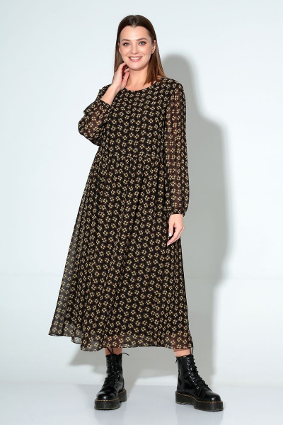 Шифоновое платье с сборкой и овальным вырезом Liona Style 876 мелкие-цветы - фото 1