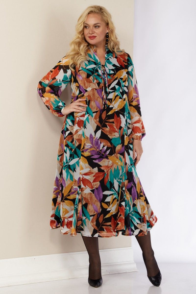 Платье длинное в горошек с воротником-стойкой и сборкой Celentano lite 4010.2 листва - фото 3