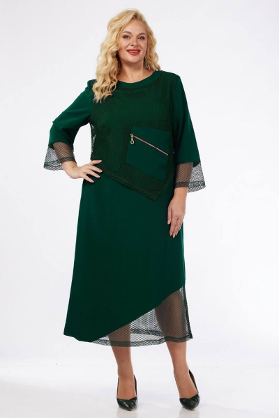 Демисезонное платье из сетки и костюмной ткани с карманами VIA-Mod 608 изумруд - фото 1
