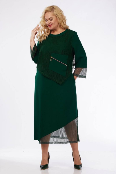 Демисезонное платье из сетки и костюмной ткани с карманами VIA-Mod 608 изумруд - фото 2