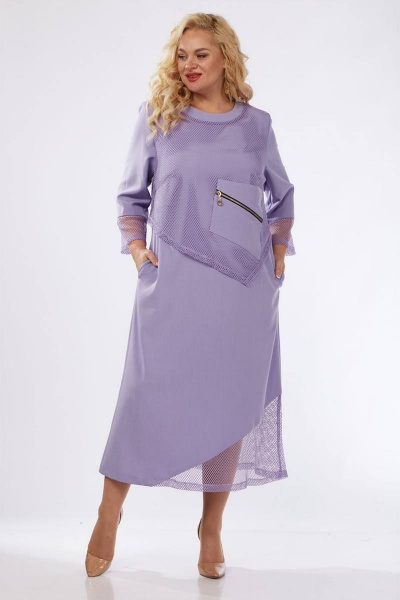 Стильное платье из сетки и ткани с карманами и свободным силуэтом VIA-Mod 608 лаванда - фото 4