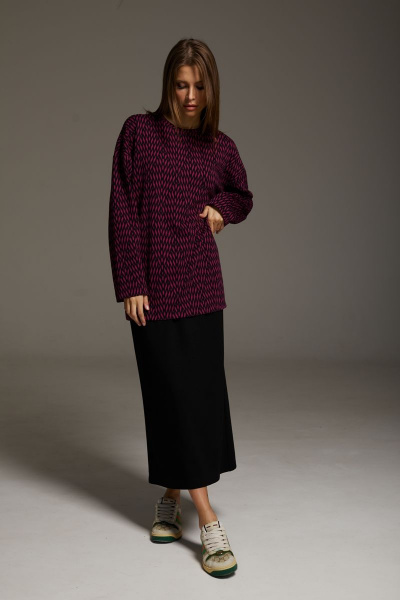 Джемпер и юбка прямого силуэта из вискозы и трикотажа DAVA 182/1 черный-фуксия - фото 1