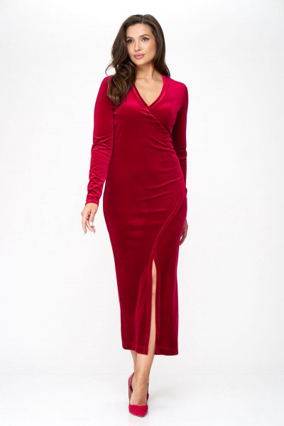 Красное платье-футляр из стрейч-бархата с V-образным вырезом Abbi 1014 спелая-вишня - фото 11