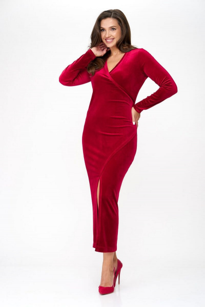 Красное платье-футляр из стрейч-бархата с V-образным вырезом Abbi 1014 спелая-вишня - фото 4