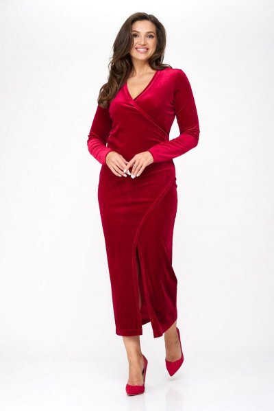 Красное платье-футляр из стрейч-бархата с V-образным вырезом Abbi 1014 спелая-вишня - фото 1