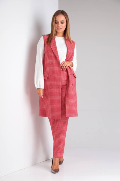 Деловой комплект блузы, брюк и жилета из текстиля и трикотажа TVIN 7646 красный - фото 4