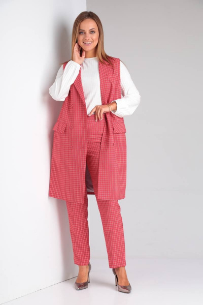 Деловой комплект блузы, брюк и жилета из текстиля и трикотажа TVIN 7646 красный - фото 3