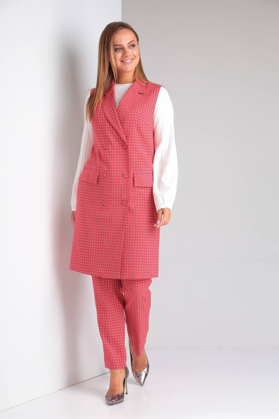 Деловой комплект блузы, брюк и жилета из текстиля и трикотажа TVIN 7646 красный - фото 2